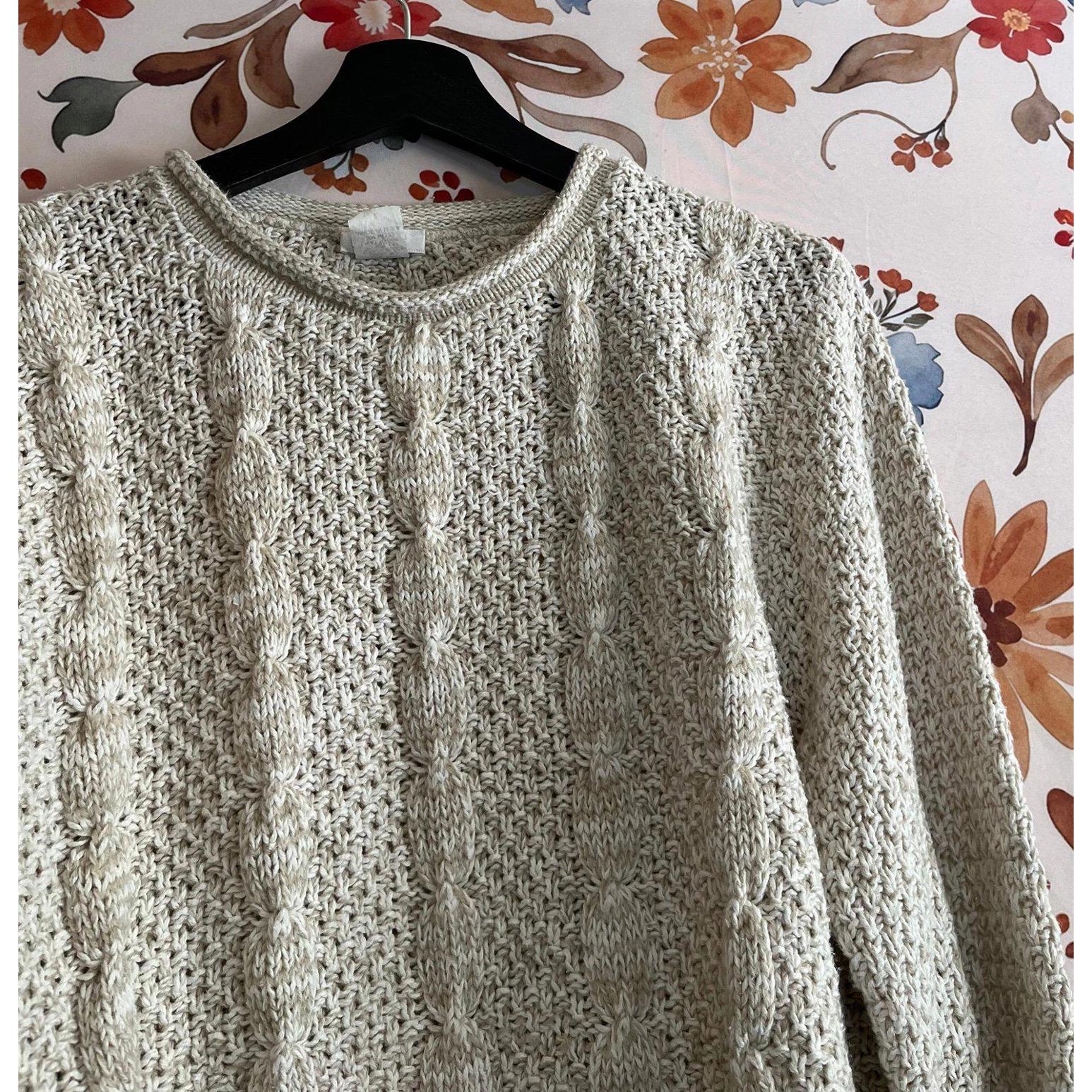Vintage Twh Mp/Lp Sweater Ivory Green Tan Cable Crop Grandpacore Made In Usa